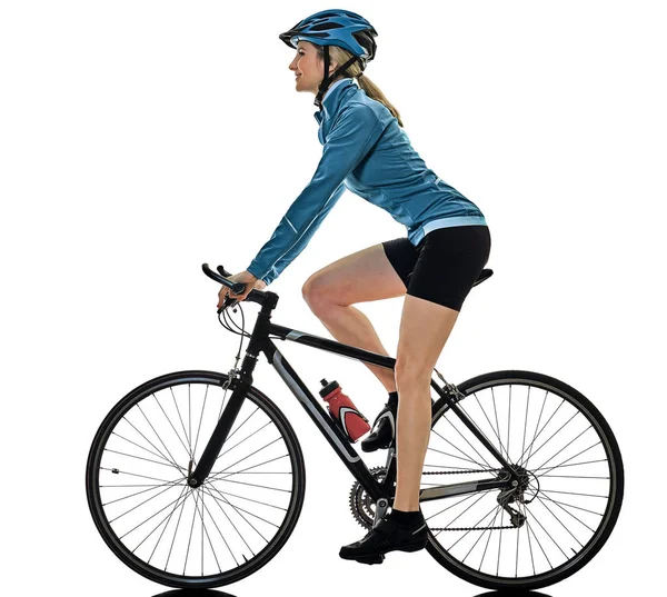 Cycliste équitation vélo femme isolé fond blanc s — Photo