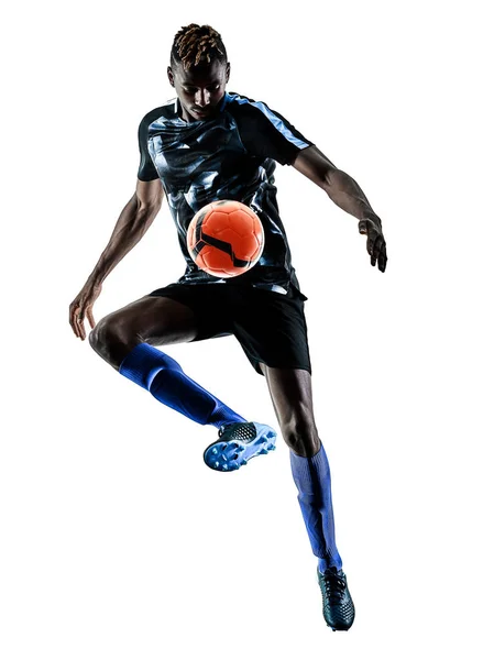 Bir Afrika Futbol oyuncu izole adam beyaz arka plan silhouet — Stok fotoğraf
