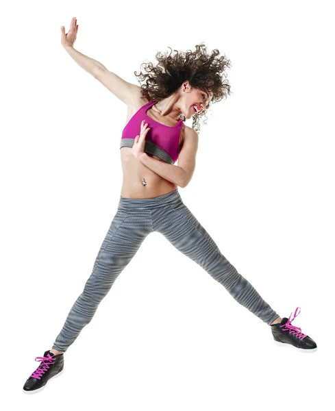 Γυναίκα zumba χορευτή dancing ασκήσεις γυμναστικής που απομονώνονται — Φωτογραφία Αρχείου