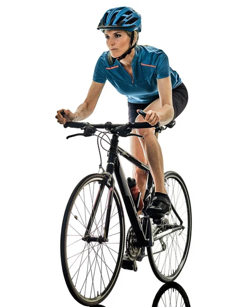 Ciclista ciclista ciclismo bicicleta mujer aislado fondo blanco — Foto de Stock