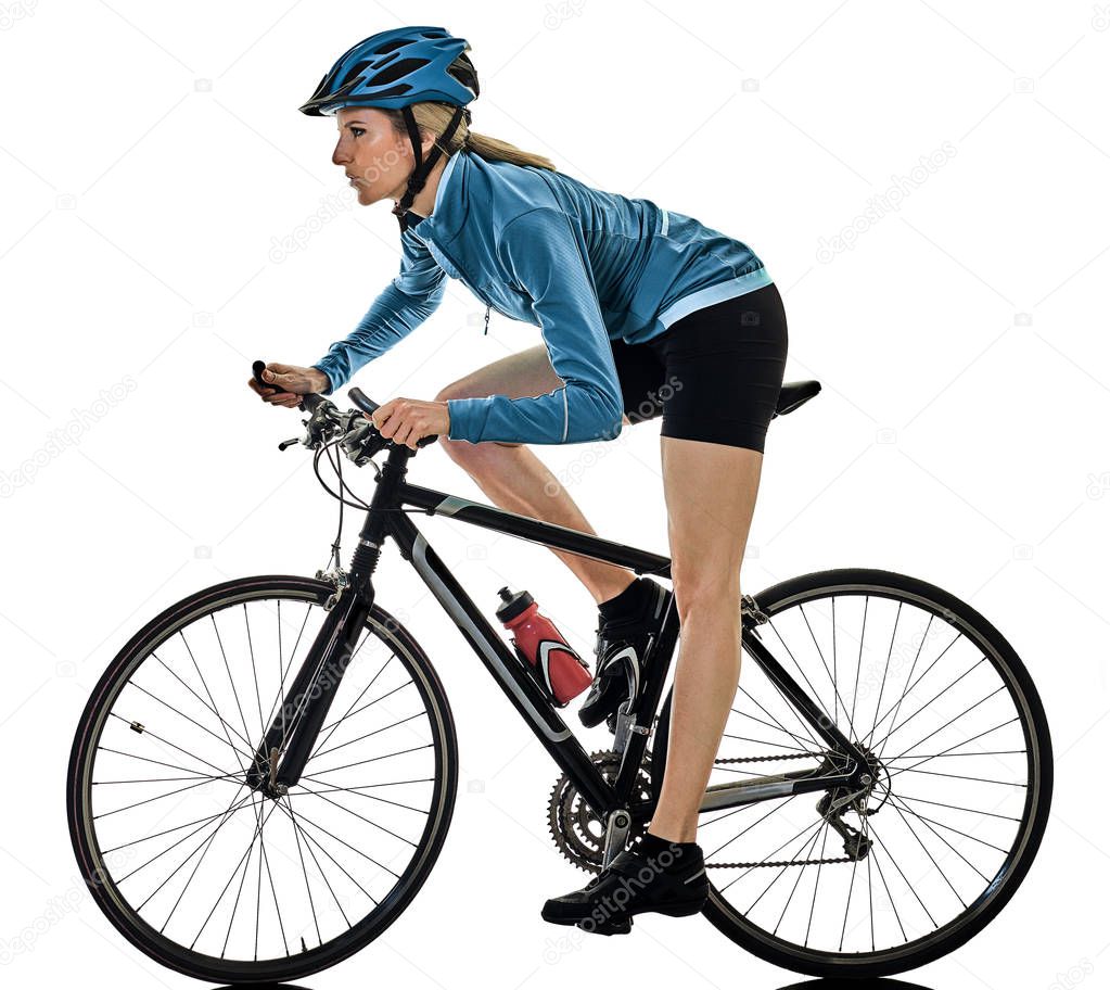 cyclist cycling riding bicycle woman isolated white background