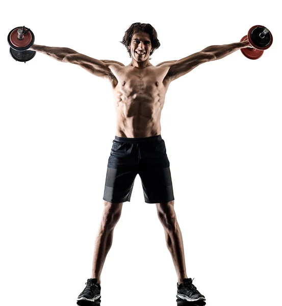 Man fitness weitghs training exercises isolated silhouette white — Stock Photo, Image