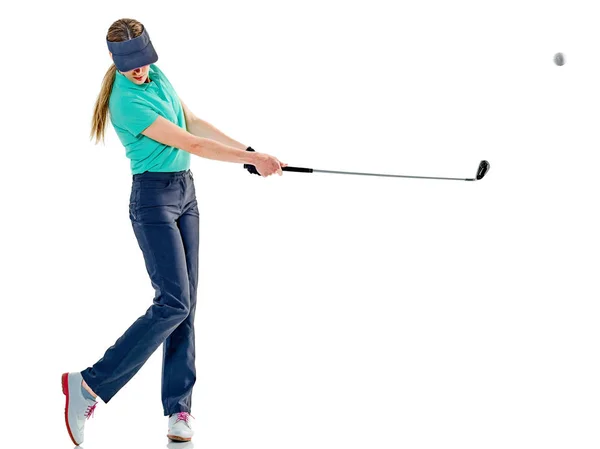Golfista kobieta gra w golfa na białym tle — Zdjęcie stockowe