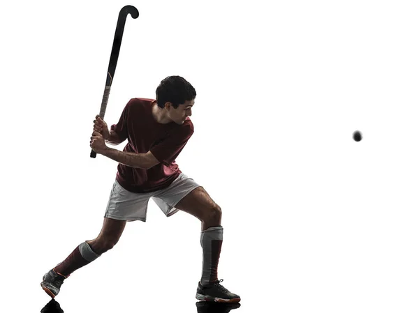 Field hockey player man isolated silhouette white background — Stock Photo, Image