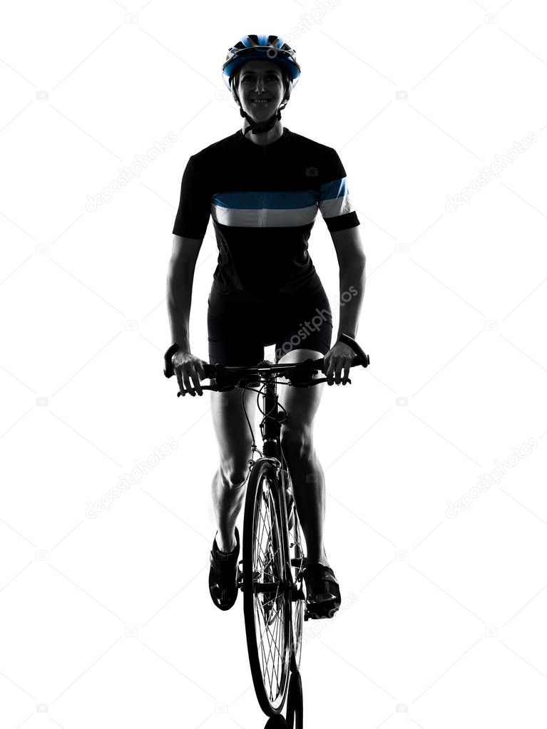 one caucasian cyclist woman cycling riding bicycle in silhouette isolated on white background