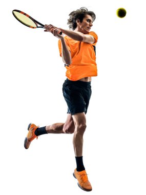 Tenis oyuncu adam izole siluet beyaz arka plan