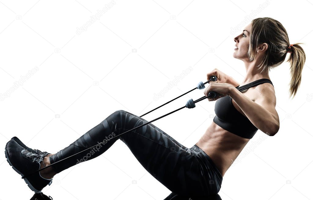 woman pilates fitness elastic resistant band exercises silhouett