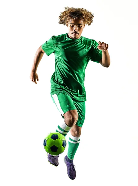 Genç genç futbol oyuncu adam siluet izole — Stok fotoğraf