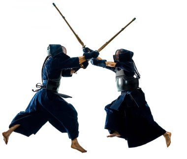 Kendo dövüş sanatları savaşçı izole beyaz bacground siluet 