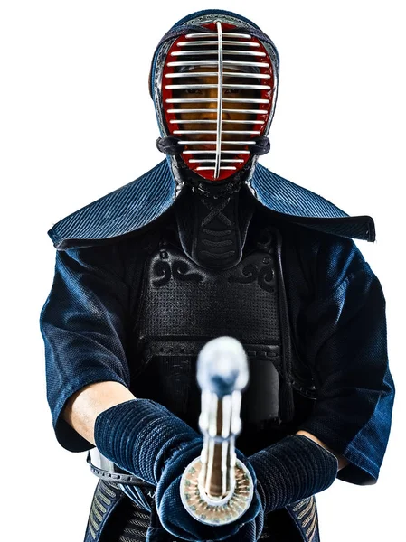 Kendo dövüş sanatları savaşçı adam izole siluet beyaz bacgro — Stok fotoğraf