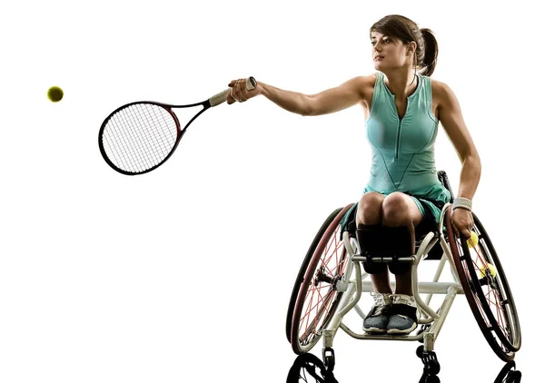 Genç özürlü tenis oyuncu kadın welchair spor izole si — Stok fotoğraf