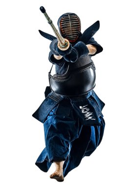 Kendo dövüş sanatları savaşçı kadın izole siluet beyaz bacg