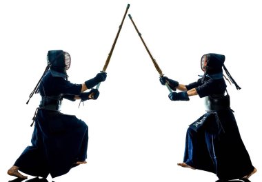 Kendo dövüş sanatları savaşçı izole beyaz bacground siluet 