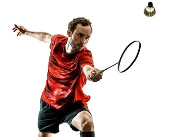  Badminton oyuncu adam gölge izole siluet beyaz adam