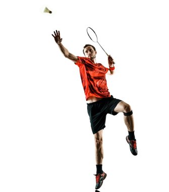 Badminton oyuncu adam gölge izole siluet beyaz adam