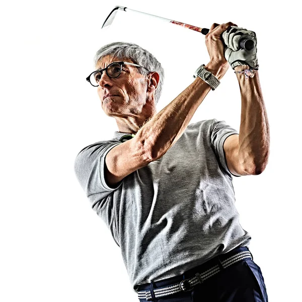 Senior Mann Golfer Golf Schatten Silhouette isoliert weiß zurück — Stockfoto