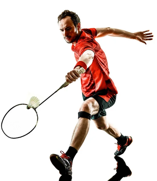 Badminton giocatore uomo ombra silhouette isolato bianco backgroun — Foto Stock