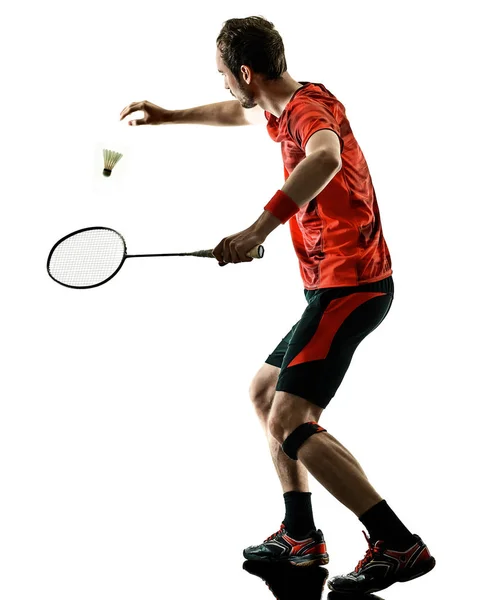 Badminton giocatore uomo ombra silhouette isolato bianco backgroun — Foto Stock