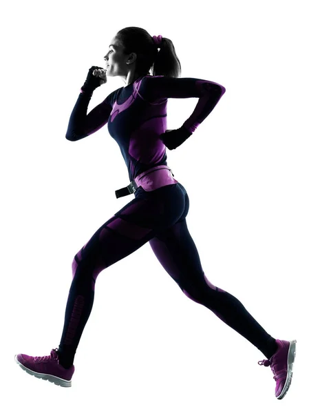 运行慢跑慢跑的女跑步运动员孤立轮廓阴影 — 图库照片