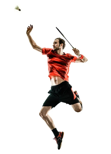 Badminton jogador homem sombra silhueta isolado branco backgroun — Fotografia de Stock