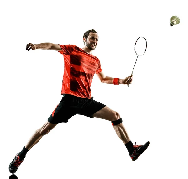 Badminton spelare man skugga siluett isolerade vita bak — Stockfoto