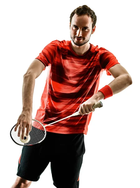 Badmintonspieler Mann Schatten Silhouette isoliert weißen Hintergrund — Stockfoto