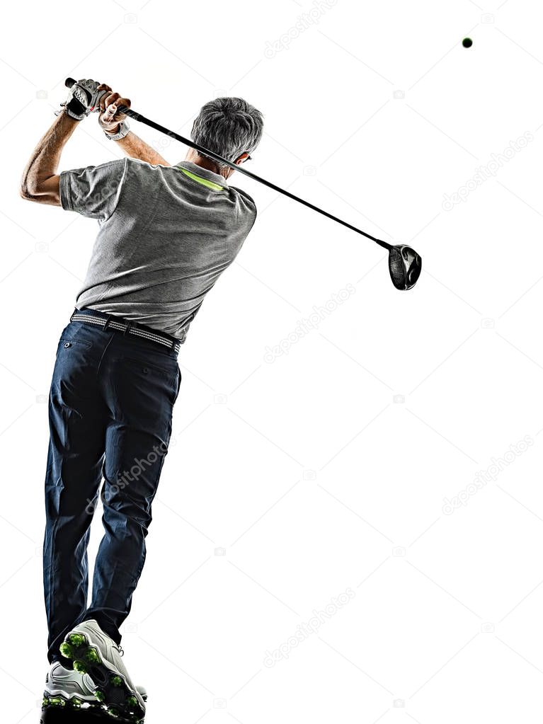 senior man golfer golfing  shadow silhouette isolated white back