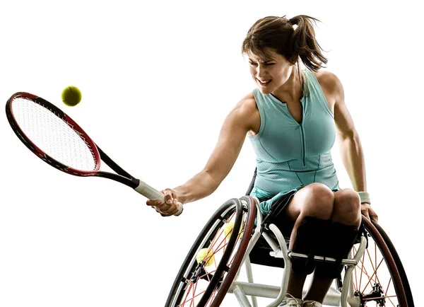 Молодой инвалид теннисистки женского кресла спорта изолированный силуэт — стоковое фото
