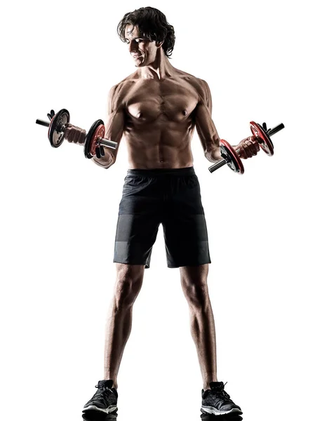 Man fitness weitghs training exercises isolated silhouette white — Stock Photo, Image