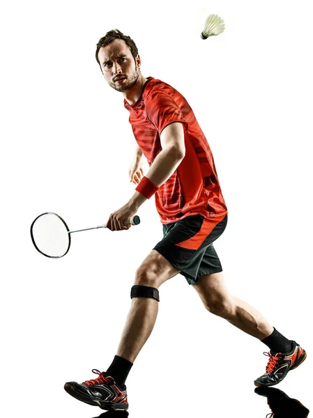 Badminton joueur homme ombre silhouette isolé blanc backgroun — Photo