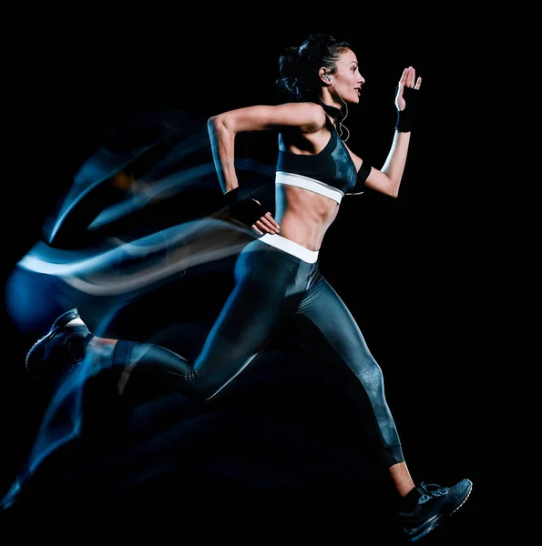 Красива жінка бігун бігун бігун біжить ізольовані чорні спини — стокове фото