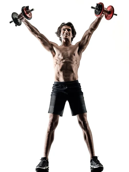 Man fitness weitghs training exercises isolated silhouette white — Stock Photo, Image