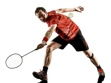  Badminton oyuncu adam gölge izole siluet beyaz adam