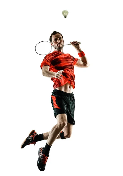 Badminton player man shadow silhouette isolated white backgroun — Stock Photo, Image