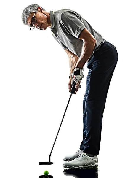 Starší muž golfista golf stín silueta, samostatný bílá zadní — Stock fotografie