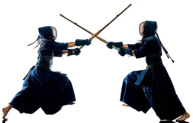 Kendo dövüş sanatları savaşçı izole beyaz bacground siluet 