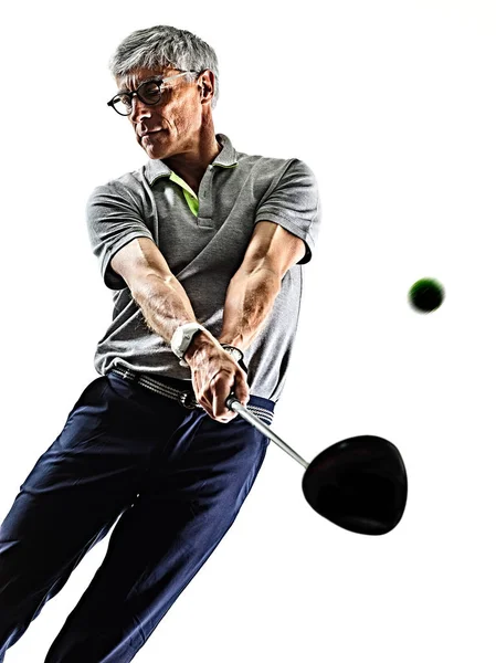 Starszy człowiek golfista golfa cień sylwetka na białym tle — Zdjęcie stockowe