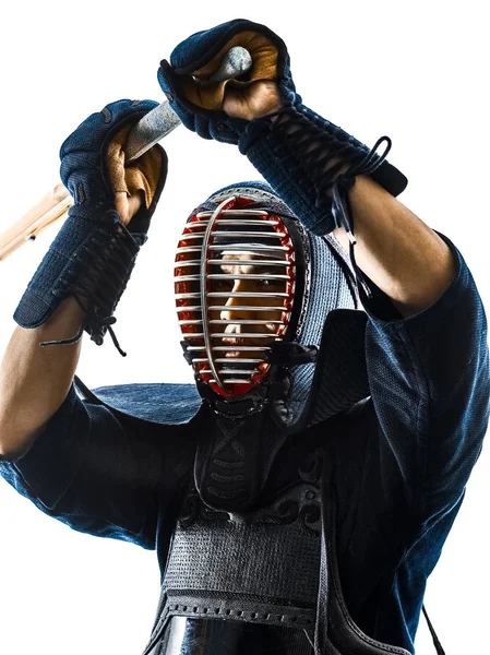 Kendo arti marziali combattenti uomo silhouette isolato bacgro bianco — Foto Stock