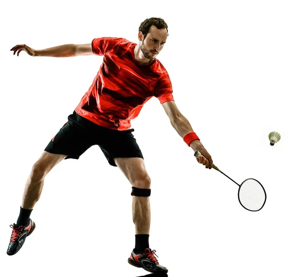 Badminton-speler man schaduw silhouet geïsoleerd wit pagina — Stockfoto