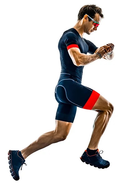 Triatleta triatlo corredor correndo silhueta isolado branco b — Fotografia de Stock
