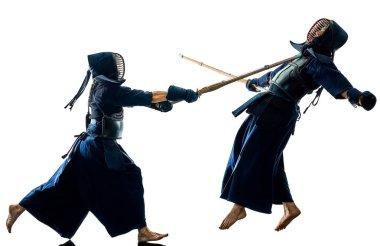 Kendo dövüş sanatları savaşçı izole beyaz bacground siluet 