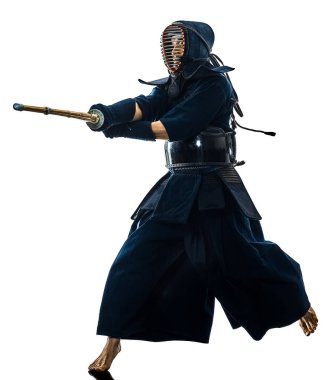 Kendo dövüş sanatları savaşçı adam izole siluet beyaz bacgro