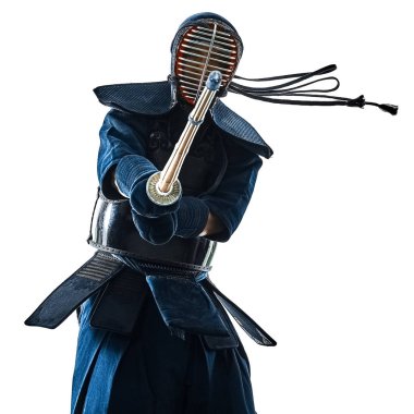 Kendo dövüş sanatları savaşçı adam izole siluet beyaz bacgro