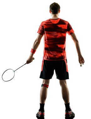  Badminton oyuncu adam gölge izole siluet beyaz adam