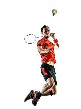  Badminton oyuncu adam gölge izole siluet beyaz adam
