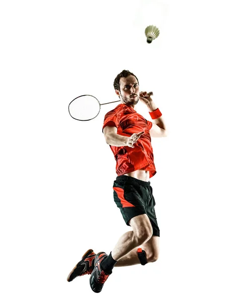 Badmintonspieler Mann Schatten Silhouette isoliert weißen Hintergrund — Stockfoto