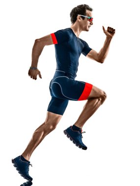 Triatlon koşucusu silueti çalıştırıyor izole edilmiş beyaz arkaplan