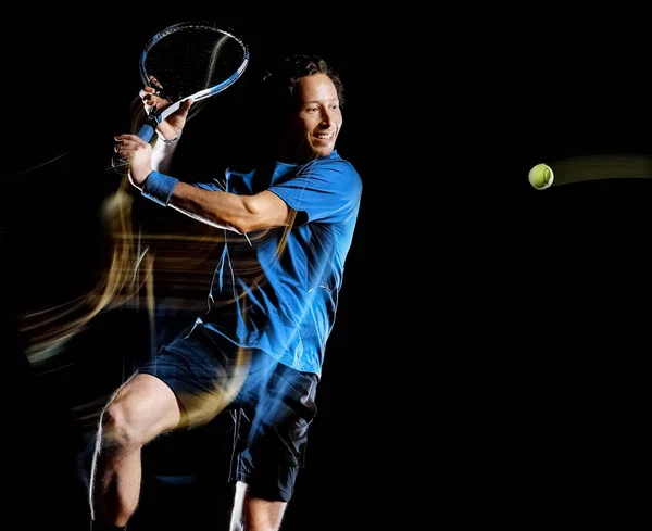 Tennis speler man geïsoleerd zwarte achtergrond licht snelheid beweging schilderen — Stockfoto