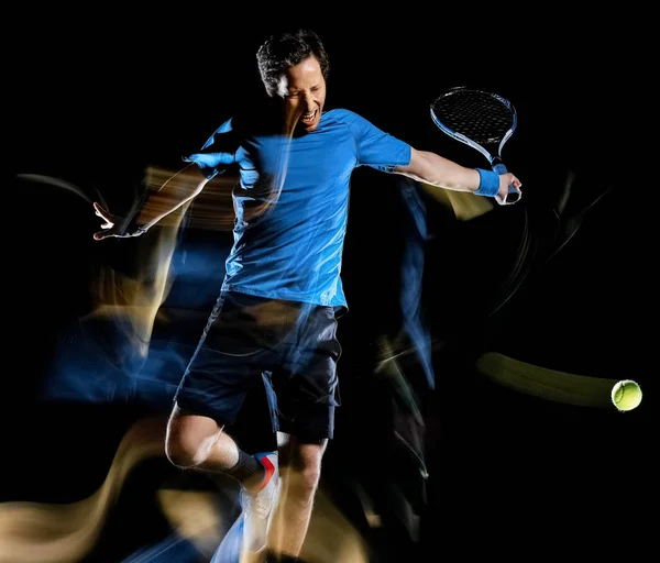 Tennis player man isolated black background light painting speed motion — Stock Photo, Image