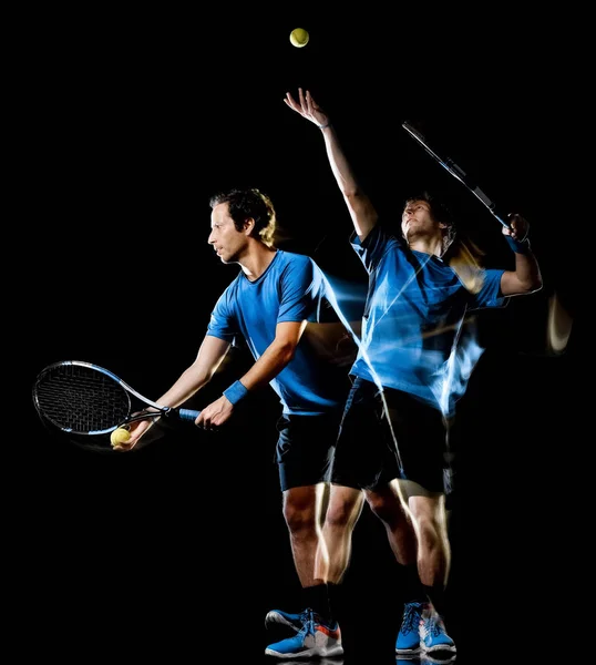 Tennisspieler Mann isoliert schwarzen Hintergrund Licht Malerei Geschwindigkeit Bewegung — Stockfoto